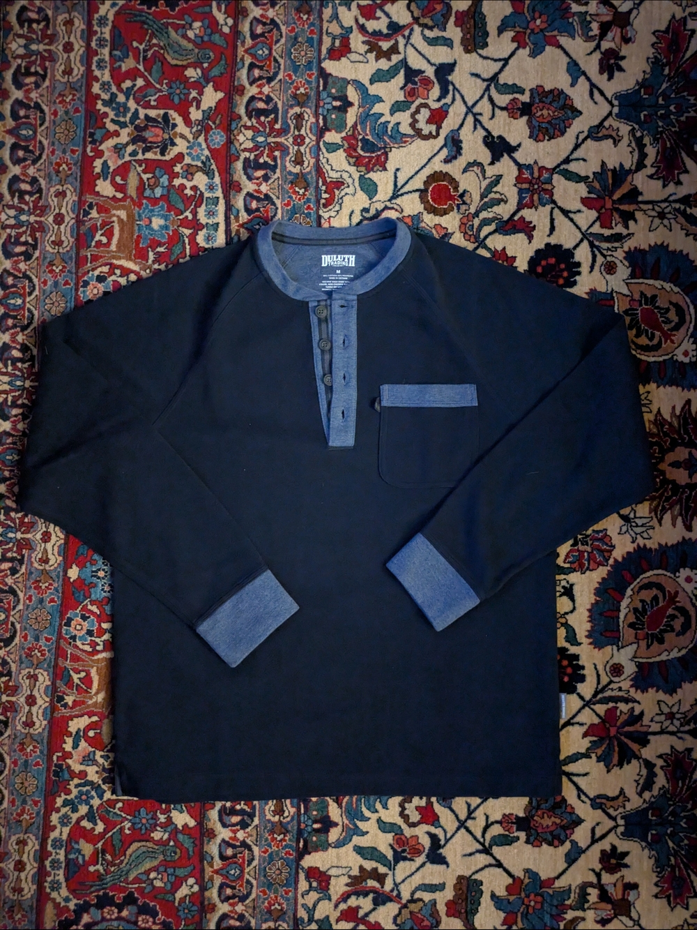 Duluth Trading Co Navy Long-Sleeve Henley with Denim Trim